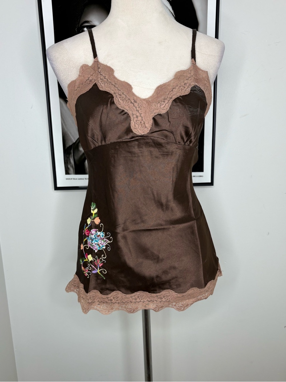 Brown Satin Camisole with Tan Lace & Floral Embroidery